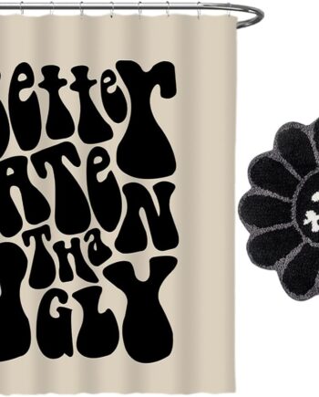 Juego de baño negro – Better Late Than Ugly Shower Curtain and Black Flower Rug Cool Bathroom Decor Waterproof Fabric Bathroom Curtains