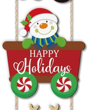 HOURIA 3Pcs Vintage Merry Christmas Door Decor(7.8”x24.9”),Santa Snowman Reindeer Christmas Train Wooden Sign,Xmas Wreath Holiday Welcome Decorations for Party Front Door Home Indoor Outdoor Office