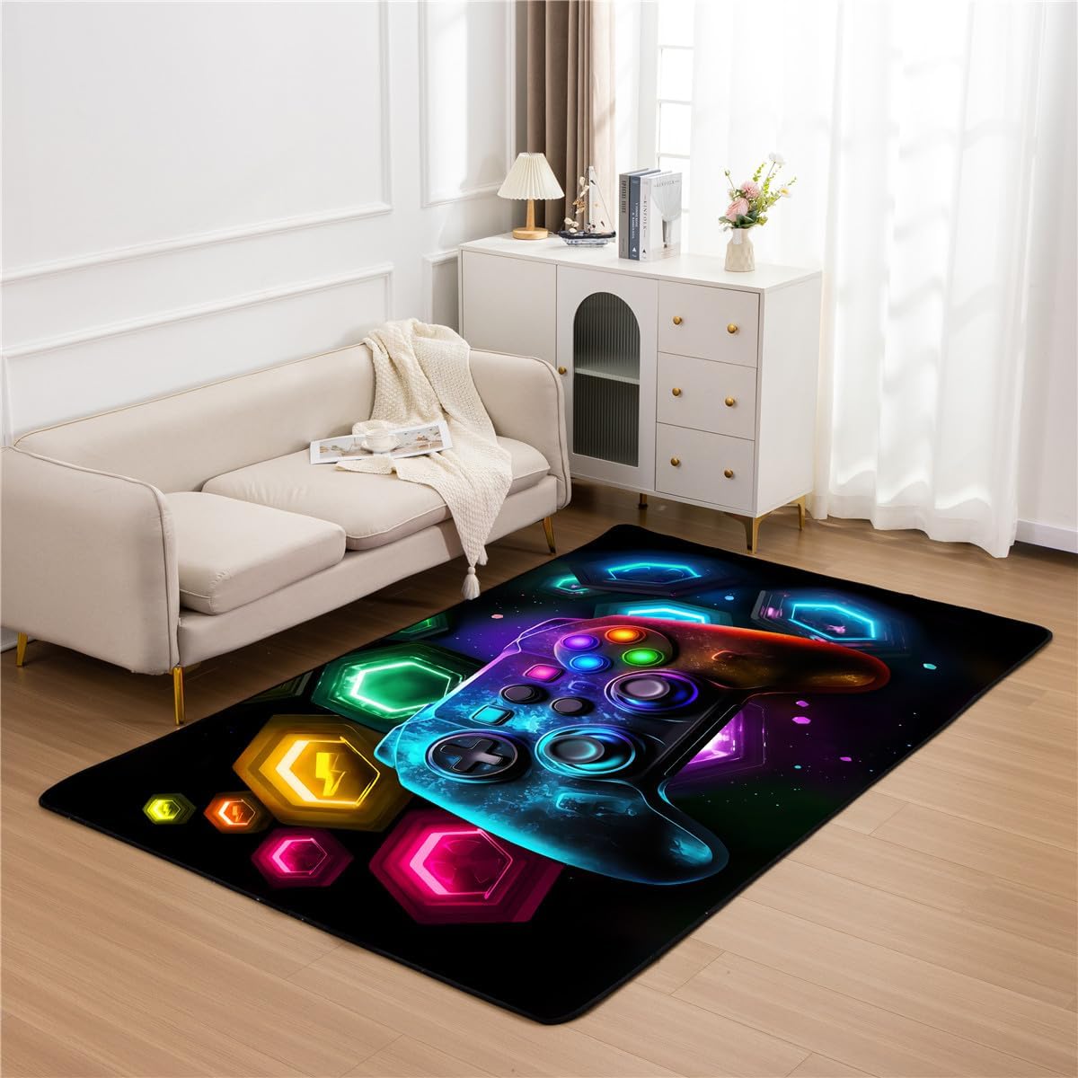 NTBED Tapete de consola de juegos Galaxy para dormitorio, sofá, sala de juegos, decoración geométrica para mesita de noche, alfombra decorativa para el suelo de los jugadores (5 x 8 pies, negro)