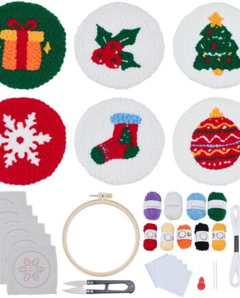 ORIGACH Juego de 6 posavasos de Navidad con patrón, fieltros adhesivos, hilo, herramientas e instrucciones (idioma español no garantizado), kit de bordado de aguja para principiantes y adultos, juego