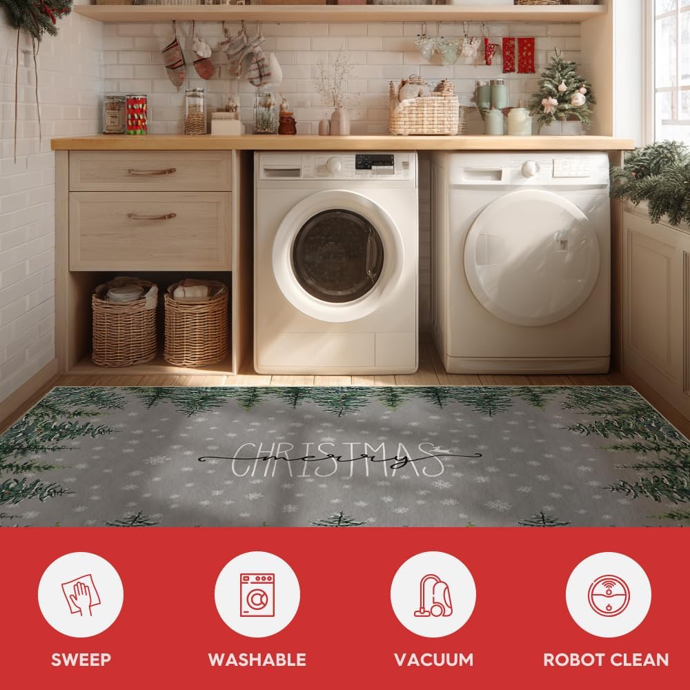 Artoid Mode Alfombra de pino gris con texto en inglés «Merry Christmas», decoración del hogar, de bajo perfil, lavable para entrada, dormitorio, sala de estar, lavandería, oficina, interior, 5 x 7