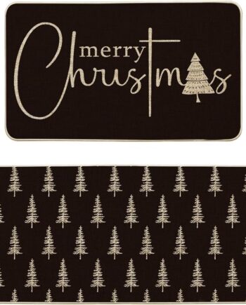 Artoid Mode Juego de 2 tapetes de cocina negros con árbol de Navidad, decoración del hogar, alfombras de cocina de bajo perfil para piso, 17 x 29 y 17 x 47 pulgadas
