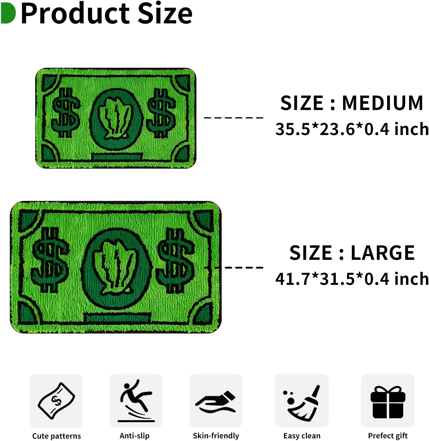 Bonita alfombra de dinero de 3 x 2 pulgadas, antideslizante, lavable a máquina, con dibujos animados para dormitorio, baño, sala de estar, puerta delantera, sala de juegos (35.5 x 23.6