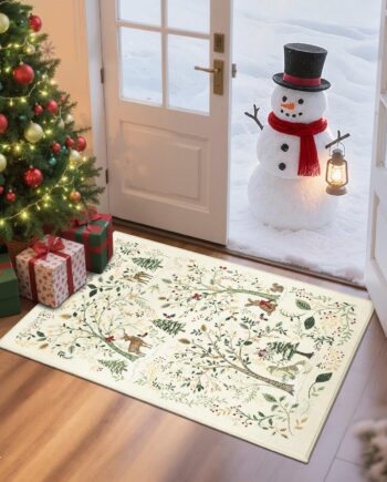 GarveeHome Tapete de Navidad antideslizante de 2 x 3 para entrada interior, pequeño, lavable, beige, tapete de cocina, árbol de Navidad, bosque, estampado de animales, baño, para invierno, sala de
