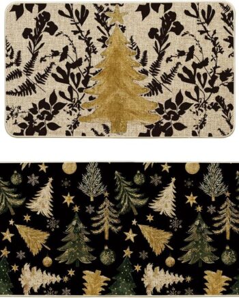Artoid Mode Juego de 2 tapetes dorados de cocina de árbol de Navidad, decoración del hogar de bajo perfil para el suelo, 17 x 29 y 17 x 47 pulgadas