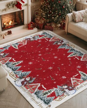 Artoid Mode Alfombra de Navidad con diseño de muñeco de nieve rojo, árbol de pino, decoración del hogar, de bajo perfil, lavable, para entrada, dormitorio, sala de estar, lavandería, interior, 5 x 7