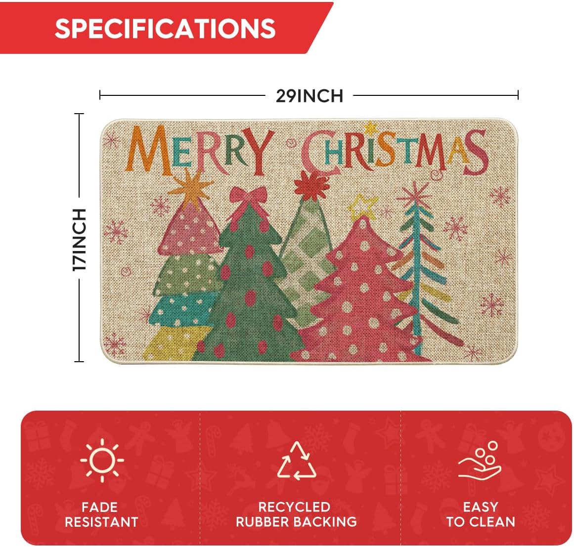 Artoid Mode Felpudo de árbol de Navidad rosa con texto en inglés "Merry Christmas", decoración del hogar, tapete de bajo perfil para interiores y exteriores, 17 x 29 pulgadas