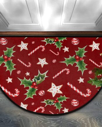 Tapete semicircular de bastón de caramelo de Navidad, con hojas rojas, antideslizante, lavable, duradero, media luna, chimenea, para exteriores, interiores, sala de estar, dormitorio, cocina,