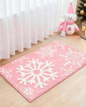 Alfombra de baño de Navidad para invierno, diseño de copos de nieve rosa, extra suave, absorbente, lavable, antideslizante, lindas alfombras de Navidad para decoración de invierno, 20 x 32 pulgadas