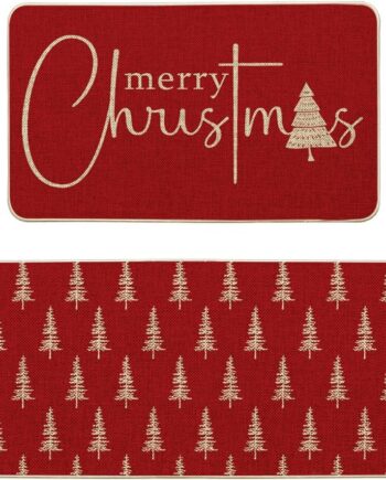 Artoid Mode Juego de 2 tapetes de cocina de árbol de Navidad rojo con texto en inglés «Merry Christmas», tapetes de cocina de bajo perfil para suelo, 17 x 29 y 17 x 47 pulgadas
