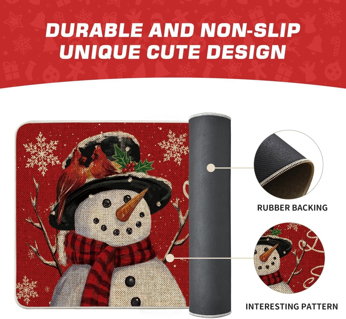 Artoid Mode Tapete de Navidad con diseño de muñeco de nieve, copos de nieve, decoración de invierno, de perfil bajo, tapete para el hogar, interior y exterior, 17 x 29 pulgadas