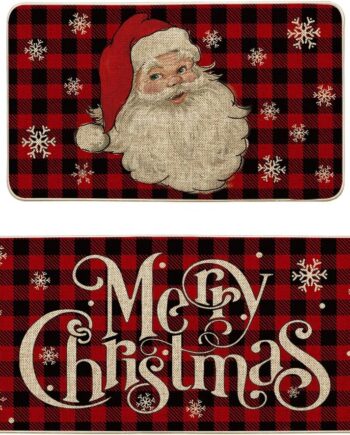 Artoid Mode Buffalo Plaid Snow Santa Claus - Juego de 2 alfombras de cocina de Navidad de bajo perfil, decoraciones navideñas para el hogar, cocina, 17 x 29 y 17 x 47 pulgadas