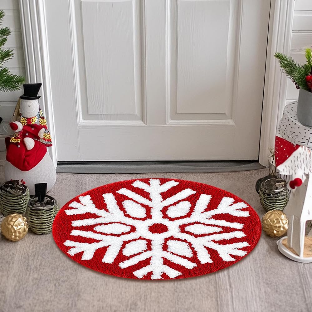 Vanleonet Alfombras de baño de Navidad de 24 pulgadas, diseño de copos de nieve rojos, antideslizantes, bonitas, para vacaciones, Navidad, invierno, decoraciones festivas de Navidad