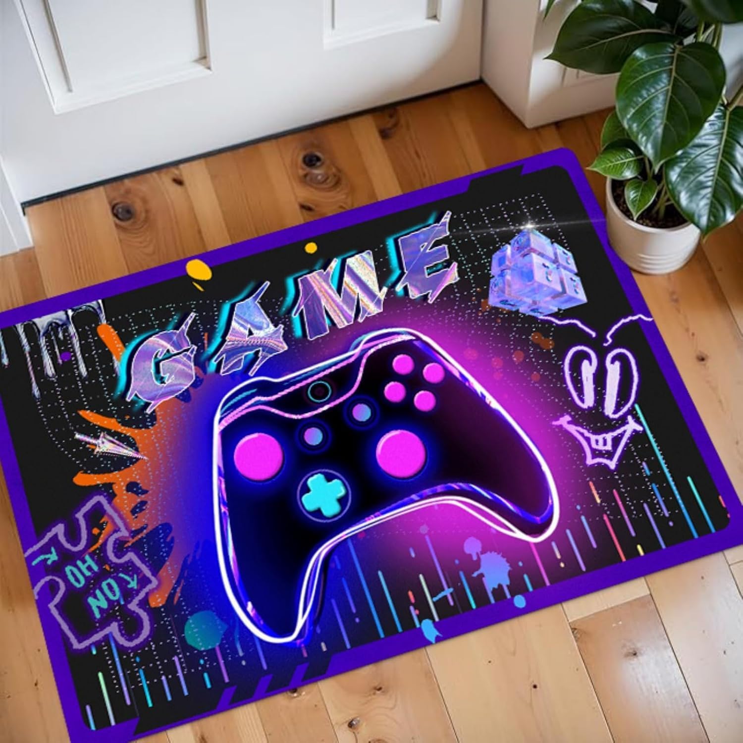 Alfombra de videojuegos para habitación de niños, 35 x 24 pulgadas, pequeña, colorida alfombra con controlador para entrada de sala de juegos, antideslizante, fácil de limpiar, decoración de cabecera