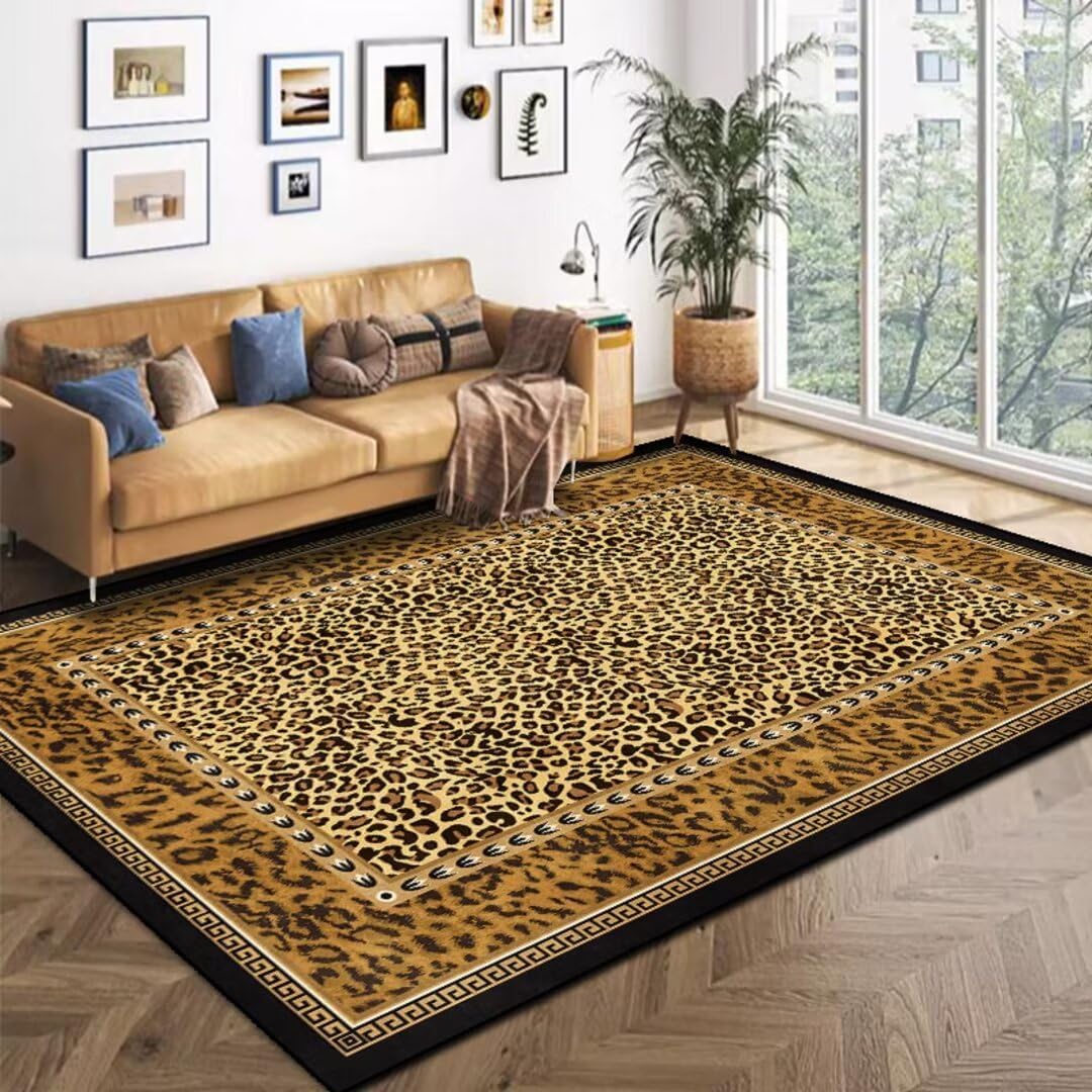 Alfombra lavable con estampado de leopardo de 5 x 7 pies para sala de estar, dormitorio, piel de guepardo marrón, antideslizante, decoración para interiores, alfombras grandes