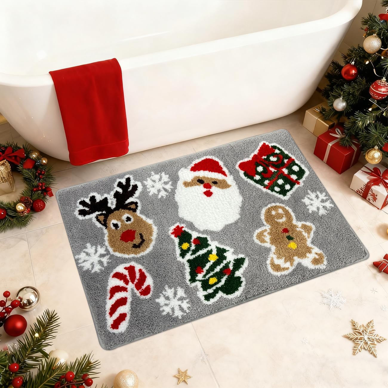 Alfombra de baño de Navidad, árbol de Navidad, bonito tapete de baño con diseño de reno, suave, absorbente, antideslizante, de secado rápido, para baño, bañera, inodoro, invierno, nieve