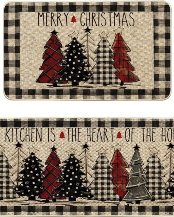 Artoid Mode Buffalo - Juego de 2 tapetes de cocina con diseño de árbol de Navidad a cuadros, decoración del hogar, alfombras de cocina de bajo perfil para piso, 17 x 29 y 17 x 47 pulgadas