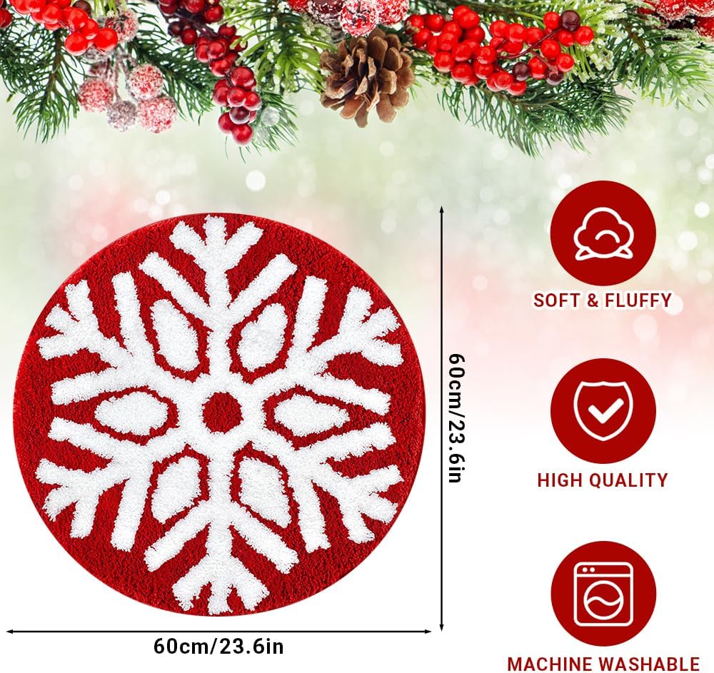 Vanleonet Alfombras de baño de Navidad de 24 pulgadas, diseño de copos de nieve rojos, antideslizantes, bonitas, para vacaciones, Navidad, invierno, decoraciones festivas de Navidad