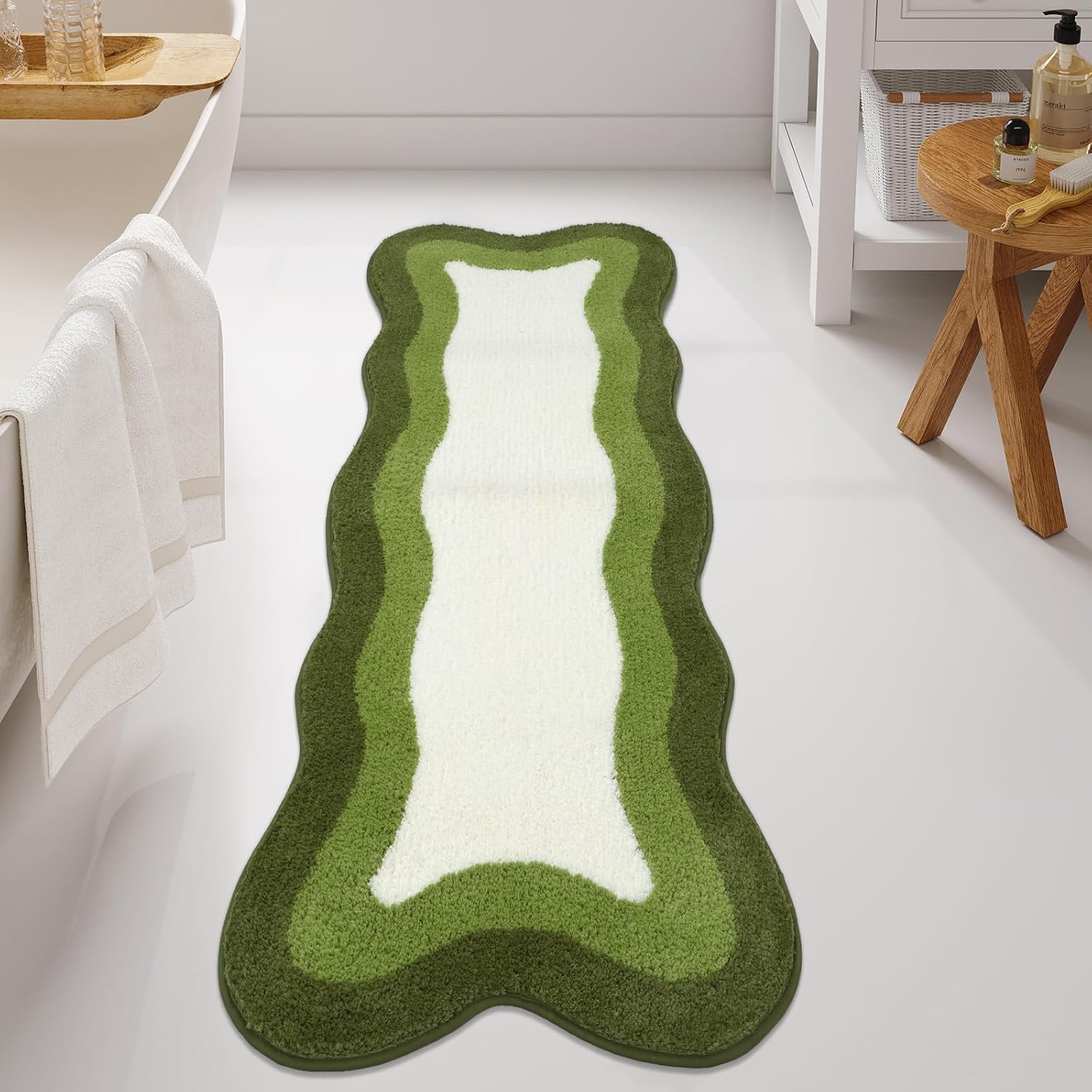 HAOCOO Alfombras de baño grandes de lujo, 24 x 59 pulgadas de largo, antideslizantes, lavables, color verde, de forma irregular, absorbente, para dormitorio, bañera, lavabo, ducha