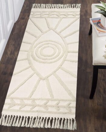 Uphome Alfombra de pasillo bohemia de 2 x 5 pies, color beige, con borlas, de algodón suave, lavable, ecléctica para decoración de granja, pasillo, baño, sala de estar, cuarto de servicio