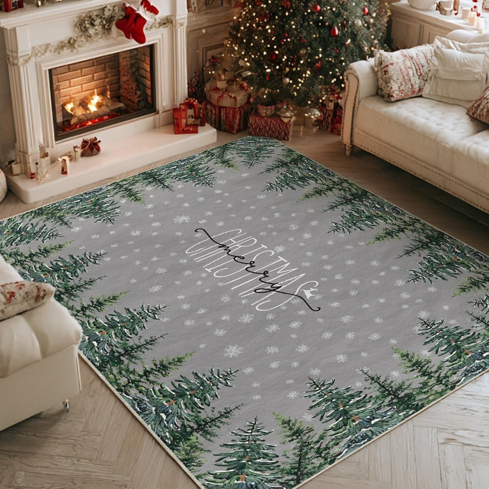 Artoid Mode Alfombra de pino gris con texto en inglés «Merry Christmas», decoración del hogar, de bajo perfil, lavable para entrada, dormitorio, sala de estar, lavandería, oficina, interior, 5 x 7