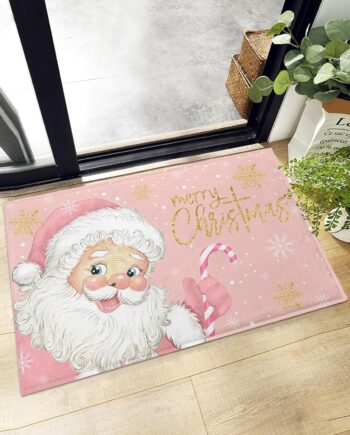 Tapete de Navidad rosa con diseño de Papá Noel, tapete de pelo largo, tapete de baño de copos de nieve dorado de Navidad, antideslizante, súper suave, tapete de invierno para cocina, baño, dormitorio,