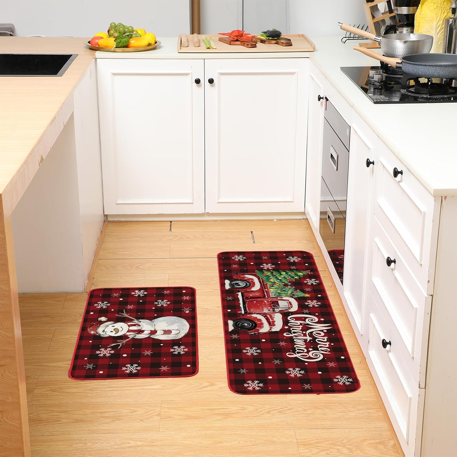 Shellwei Juego de 2 alfombras de cocina de Navidad a cuadros de búfalo, muñeco de nieve, copo de nieve, rojo, alfombra de cocina, tapete de cocina de Navidad antideslizante para el hogar, Navidad,