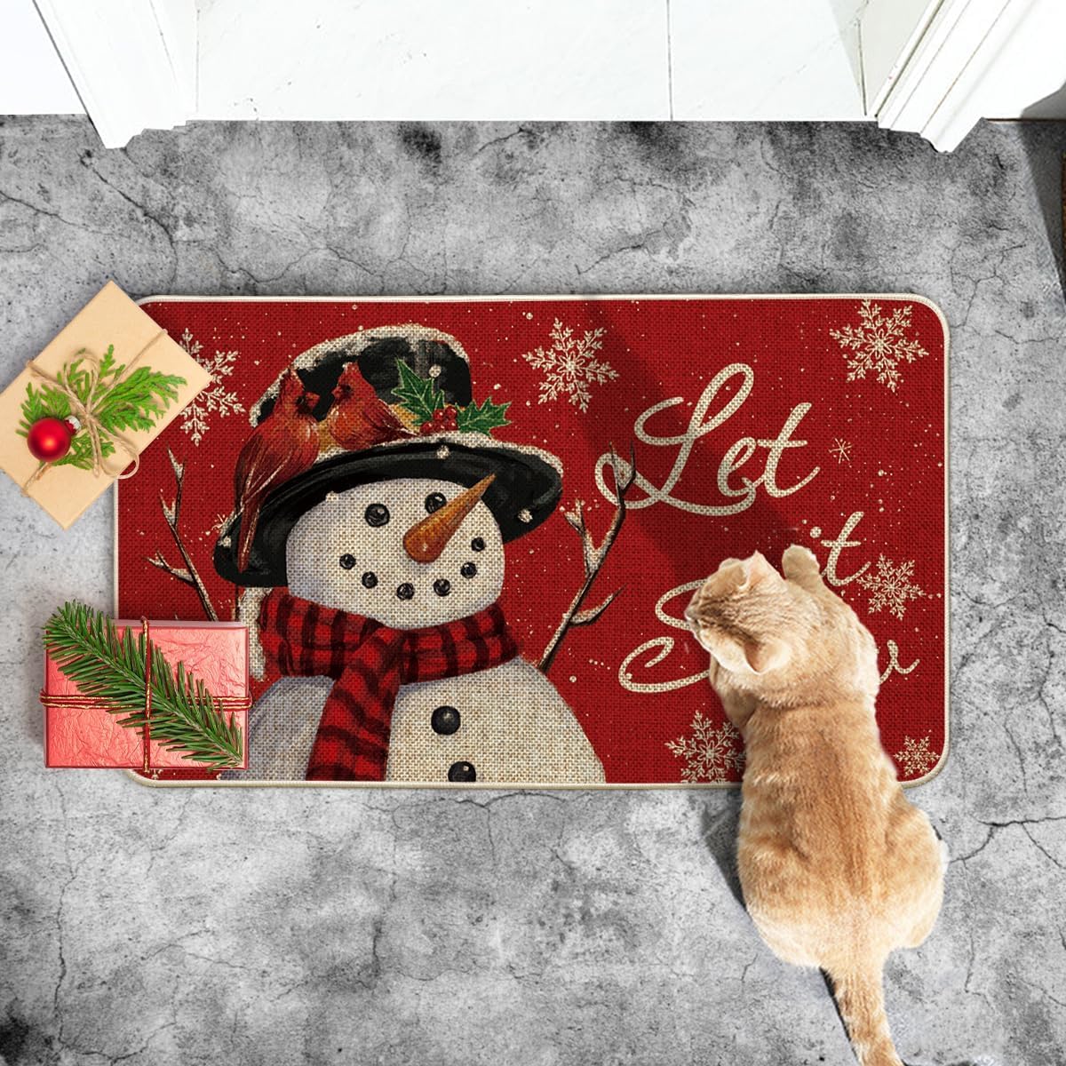 Artoid Mode Tapete de Navidad con diseño de muñeco de nieve, copos de nieve, decoración de invierno, de perfil bajo, tapete para el hogar, interior y exterior, 17 x 29 pulgadas