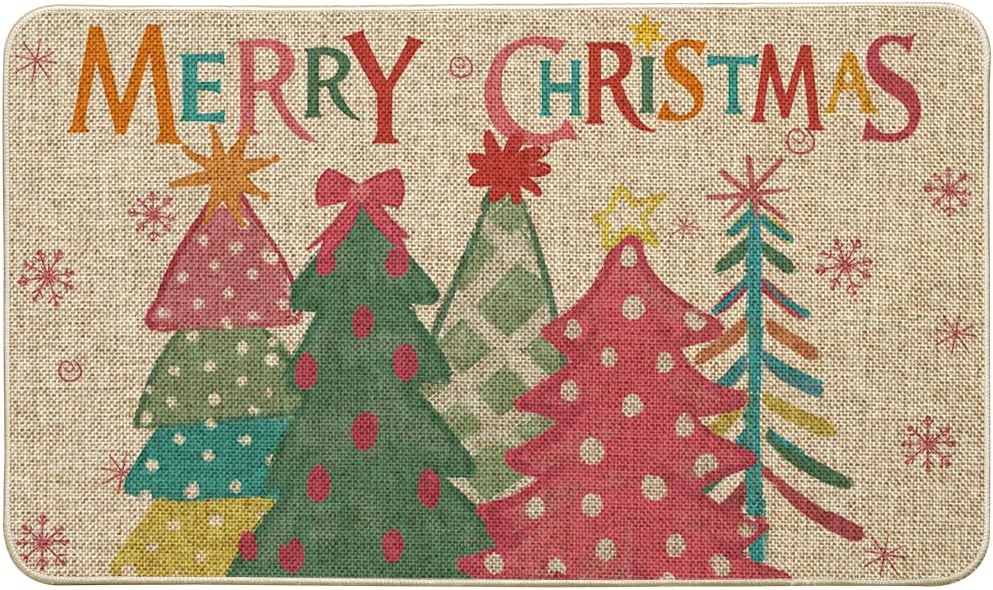 Artoid Mode Felpudo de árbol de Navidad rosa con texto en inglés "Merry Christmas", decoración del hogar, tapete de bajo perfil para interiores y exteriores, 17 x 29 pulgadas