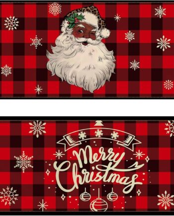 Juego de 2 tapetes de cocina de Navidad, diseño de Papá Noel, tapete de cocina de Navidad, color rojo y negro, a cuadros, copos de nieve, antideslizante, lavable, tapete de goma para puerta de feliz