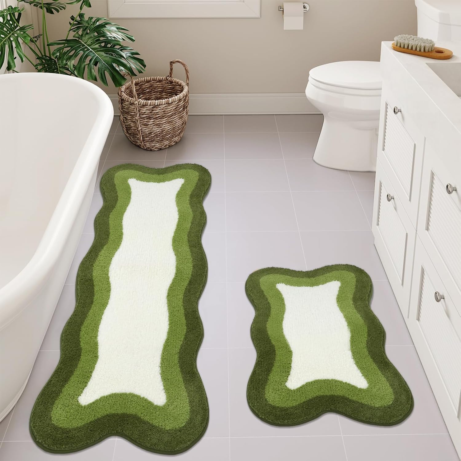 HAOCOO Alfombras de baño grandes de lujo, 24 x 59 pulgadas de largo, antideslizantes, lavables, color verde, de forma irregular, absorbente, para dormitorio, bañera, lavabo, ducha