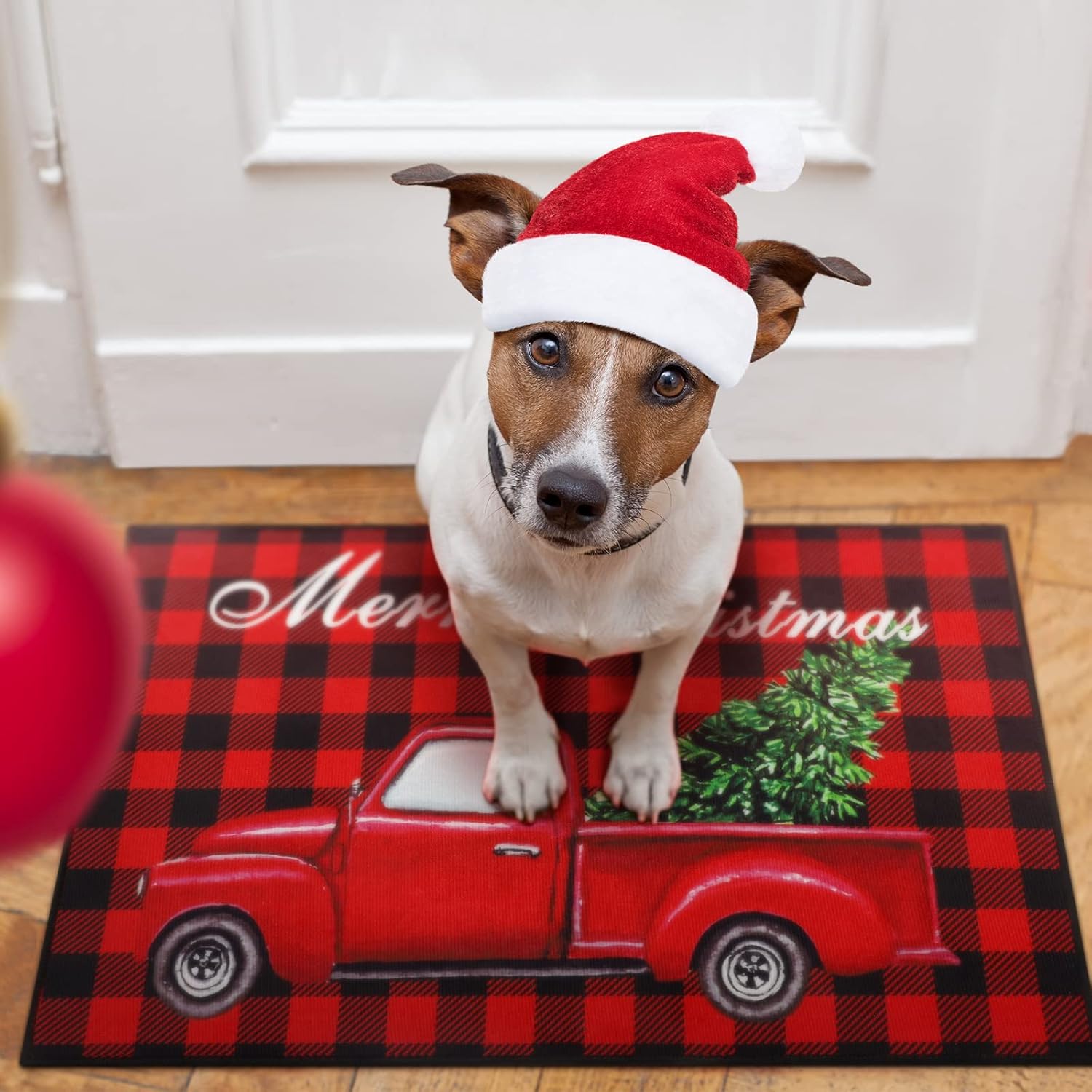 Tapete de Navidad, tapete decorativo de árbol de Navidad, lavable y antideslizante, tapete de piso de búfalo negro y rojo, para puerta de porche delantero, baño, 24 x 16 pulgadas (estilo fresco)