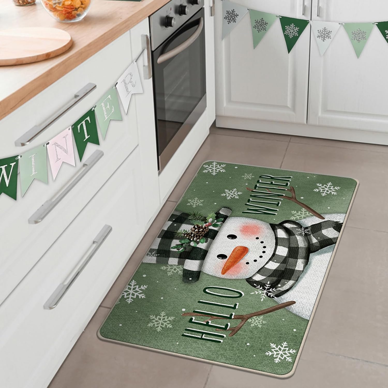 Tapete decorativo para puerta delantera, diseño de muñeco de nieve con diseño de muñeco de nieve de Hello Winter, tapete antideslizante para interiores y exteriores, decoración de temporada