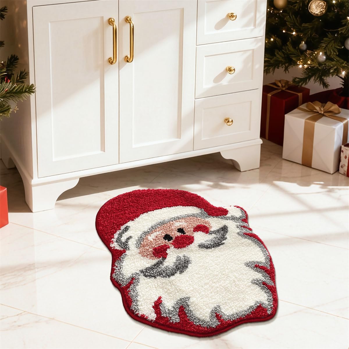 Ankah Alfombra de baño con diseño de árboles de Navidad, calcetín de Navidad y Papá Noel, suave, afelpado, de alta absorción, antideslizante, lavable a máquina, tapete de baño de felicidad para