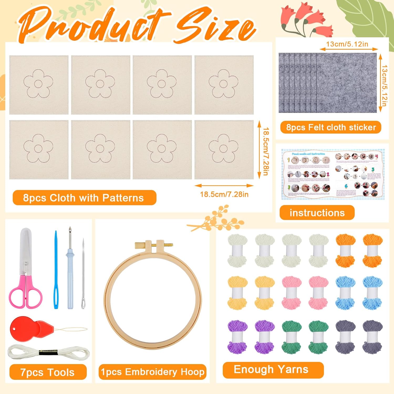 Preboun Kit de 8 posavasos con aguja perforadora de flores, kit de bordado de aguja para adultos principiantes, suministros de bricolaje, posavasos copetudos, incluyendo hilos y herramientas de aro