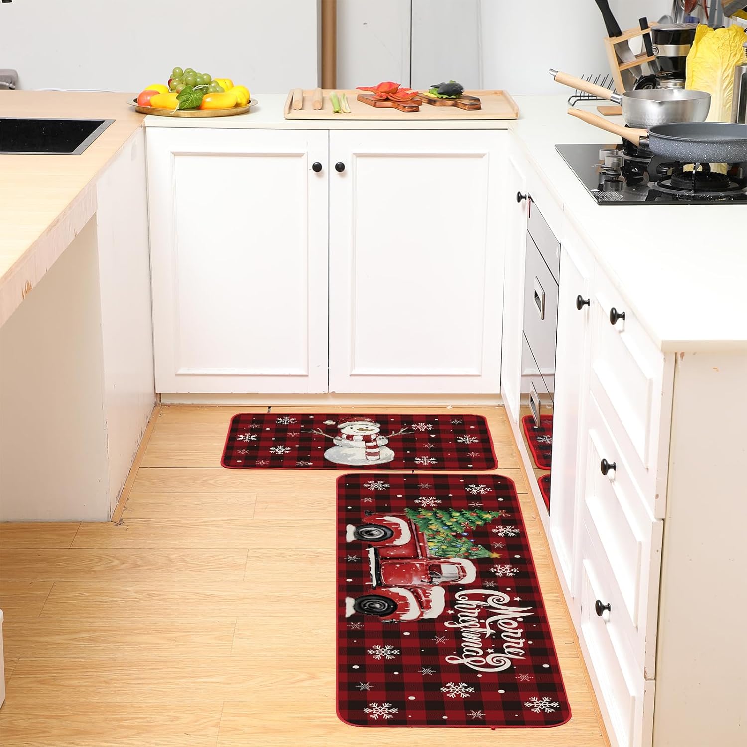 Shellwei Juego de 2 alfombras de cocina de Navidad a cuadros de búfalo, muñeco de nieve, copo de nieve, rojo, alfombra de cocina, tapete de cocina de Navidad antideslizante para el hogar, Navidad,