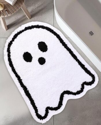 Whaline Alfombra de baño de fantasma de Halloween, tapete de baño con forma de fantasma blanco, antideslizante, lavable, tapete decorativo para puerta delantera, sala de estar, dormitorio, baño