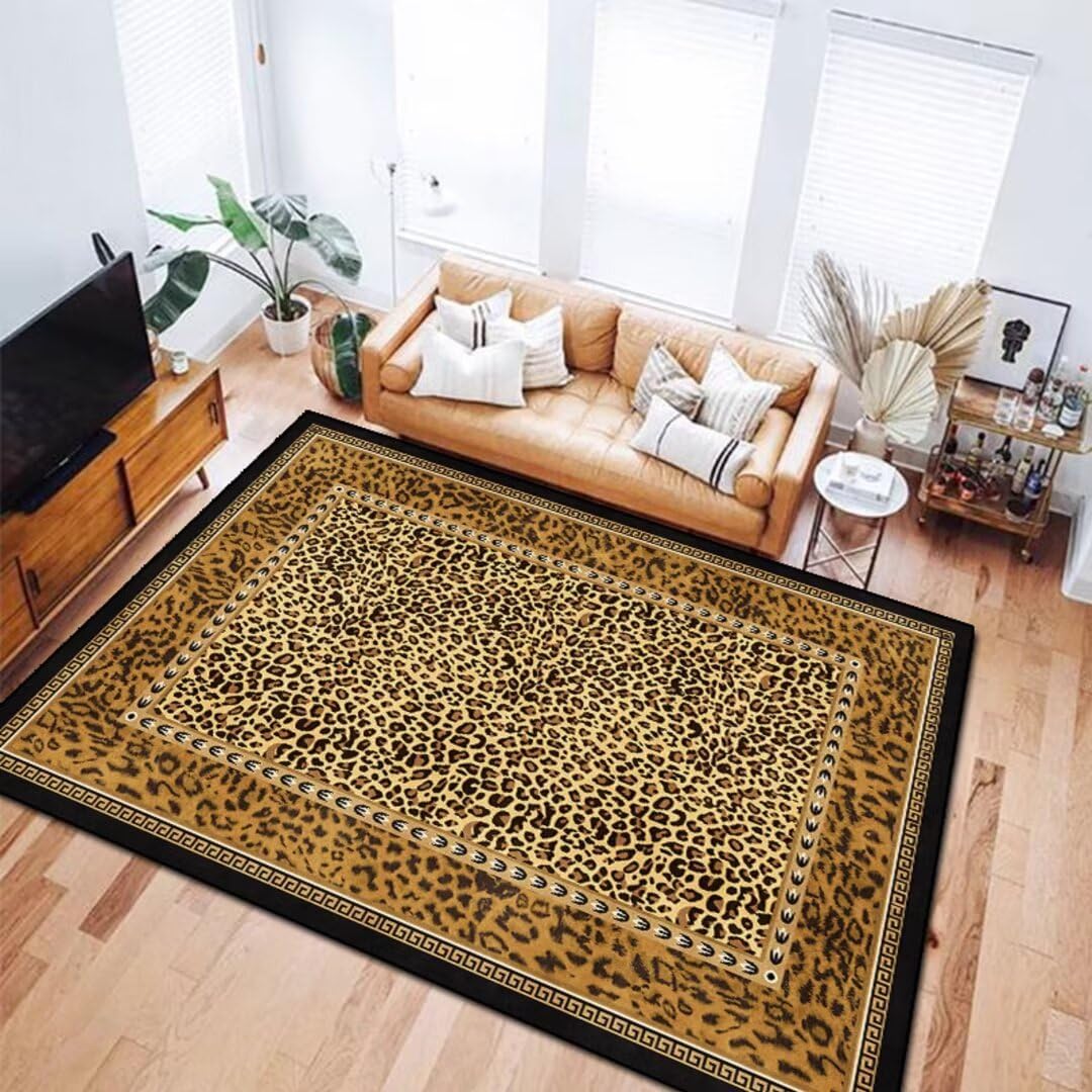 Alfombra lavable con estampado de leopardo de 5 x 7 pies para sala de estar, dormitorio, piel de guepardo marrón, antideslizante, decoración para interiores, alfombras grandes