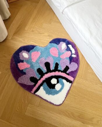 LAKEA Tapete de suelo Kawaii morado con diseño de ojos de amor, tapete para sala de estar, tapete con forma de corazón, tapete de baño, antideslizante (23.6 x 21.7 pulgadas)