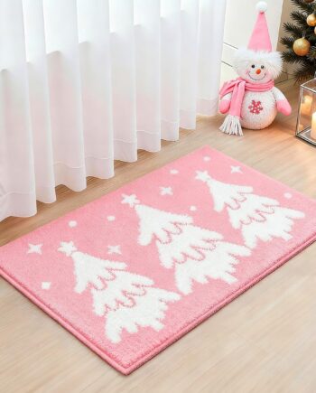 Alfombra de baño rosa con árbol de Navidad, para invierno, con pino, extra suave, absorbente, lavable, antideslizante, bonita alfombra de ducha de 20 x 32 pulgadas