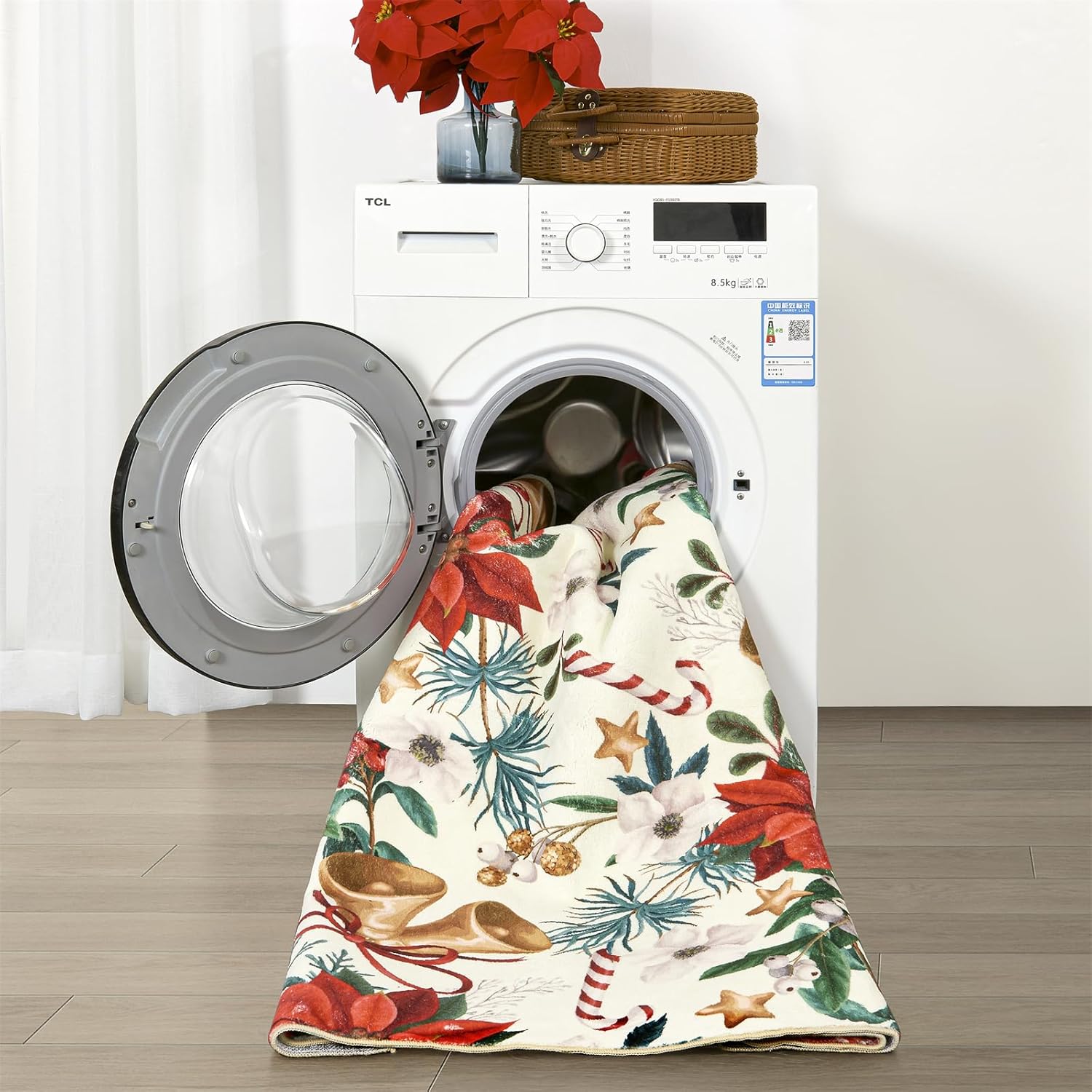 RoomTalks Tapete vintage de Navidad para puerta de interior de 2 x 3 pulgadas, alfombra de entrada de pelo bajo, lavable, árbol de Navidad, flores rojas, alfombra de plantas de invierno, alfombras de