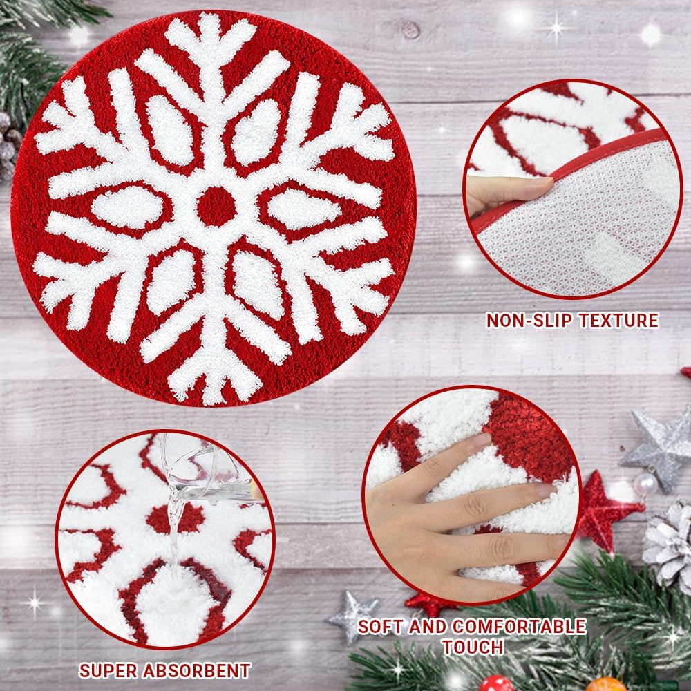 Vanleonet Alfombras de baño de Navidad de 24 pulgadas, diseño de copos de nieve rojos, antideslizantes, bonitas, para vacaciones, Navidad, invierno, decoraciones festivas de Navidad