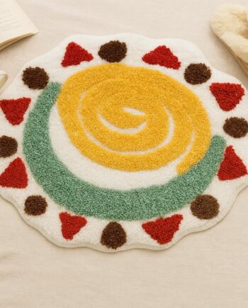 Alfombra pequeña redonda copetuda de 20 x 17 pulgadas – Alfombra pequeña con remolinos bohemios, tapete de baño antideslizante de felpa colorido, lavable y estético para dormitorio (amarillo, verde y