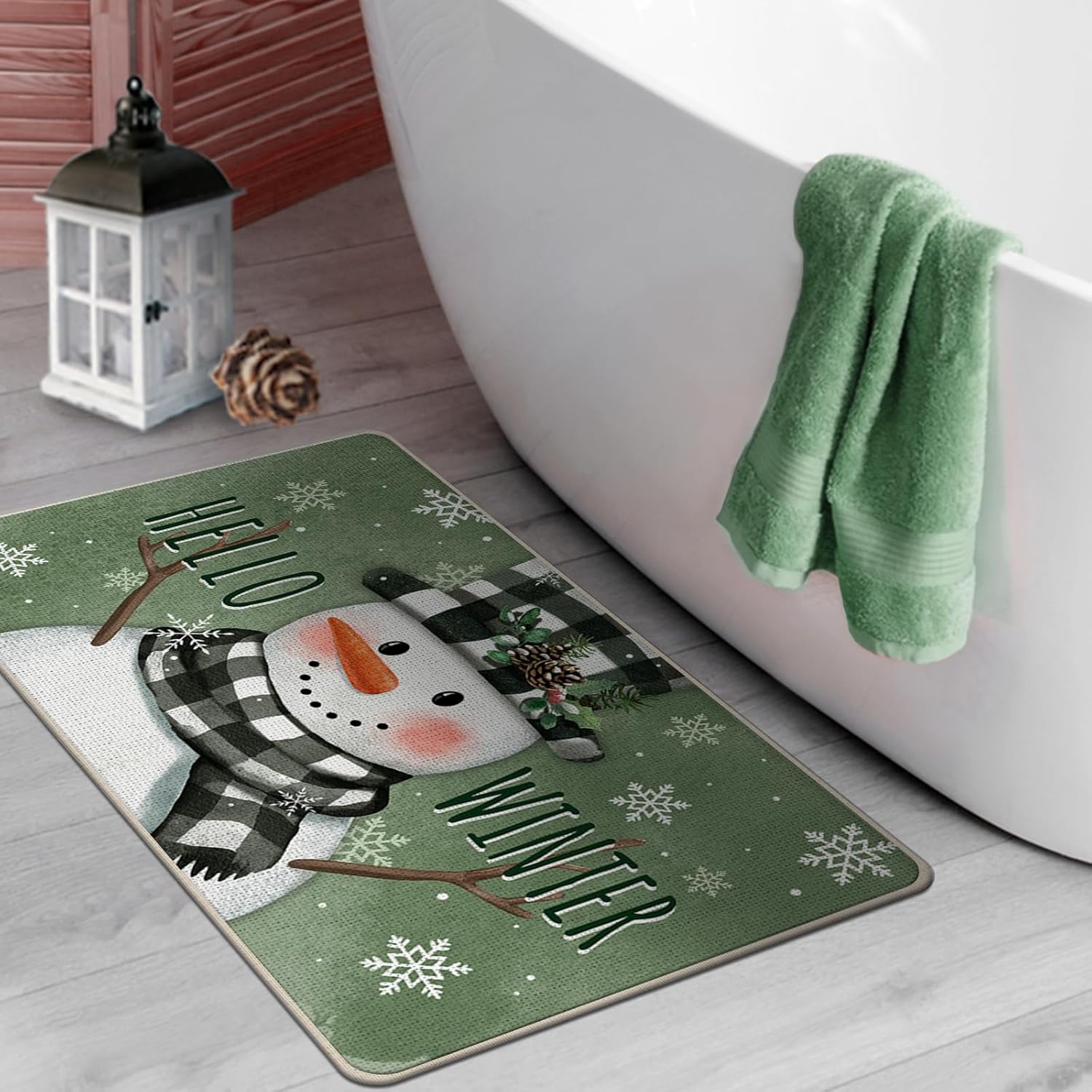 Tapete decorativo para puerta delantera, diseño de muñeco de nieve con diseño de muñeco de nieve de Hello Winter, tapete antideslizante para interiores y exteriores, decoración de temporada