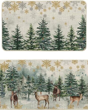 Artoid Mode Juego de 2 tapetes de cocina de Navidad con árboles de Navidad, ciervos, copos de nieve, decoración del hogar, alfombras de cocina de bajo perfil para piso, 17 x 29 y 17 x 47 pulgadas
