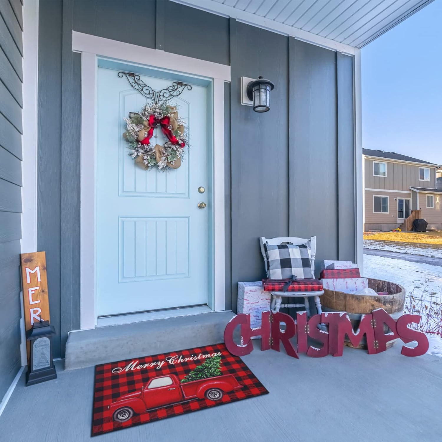 Tapete de Navidad, tapete decorativo de árbol de Navidad, lavable y antideslizante, tapete de piso de búfalo negro y rojo, para puerta de porche delantero, baño, 24 x 16 pulgadas (estilo fresco)