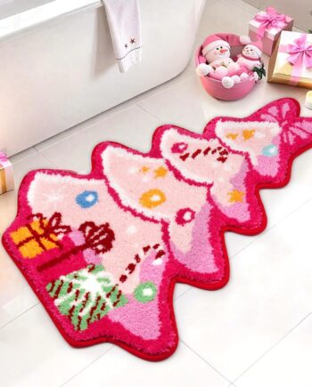 Alfombra de baño de Navidad, diseño de árbol de Navidad, color rosa, suave y absorbente, antideslizante para baño, ducha, baño y dormitorio, decoración de Navidad (26 x 22 pulgadas)