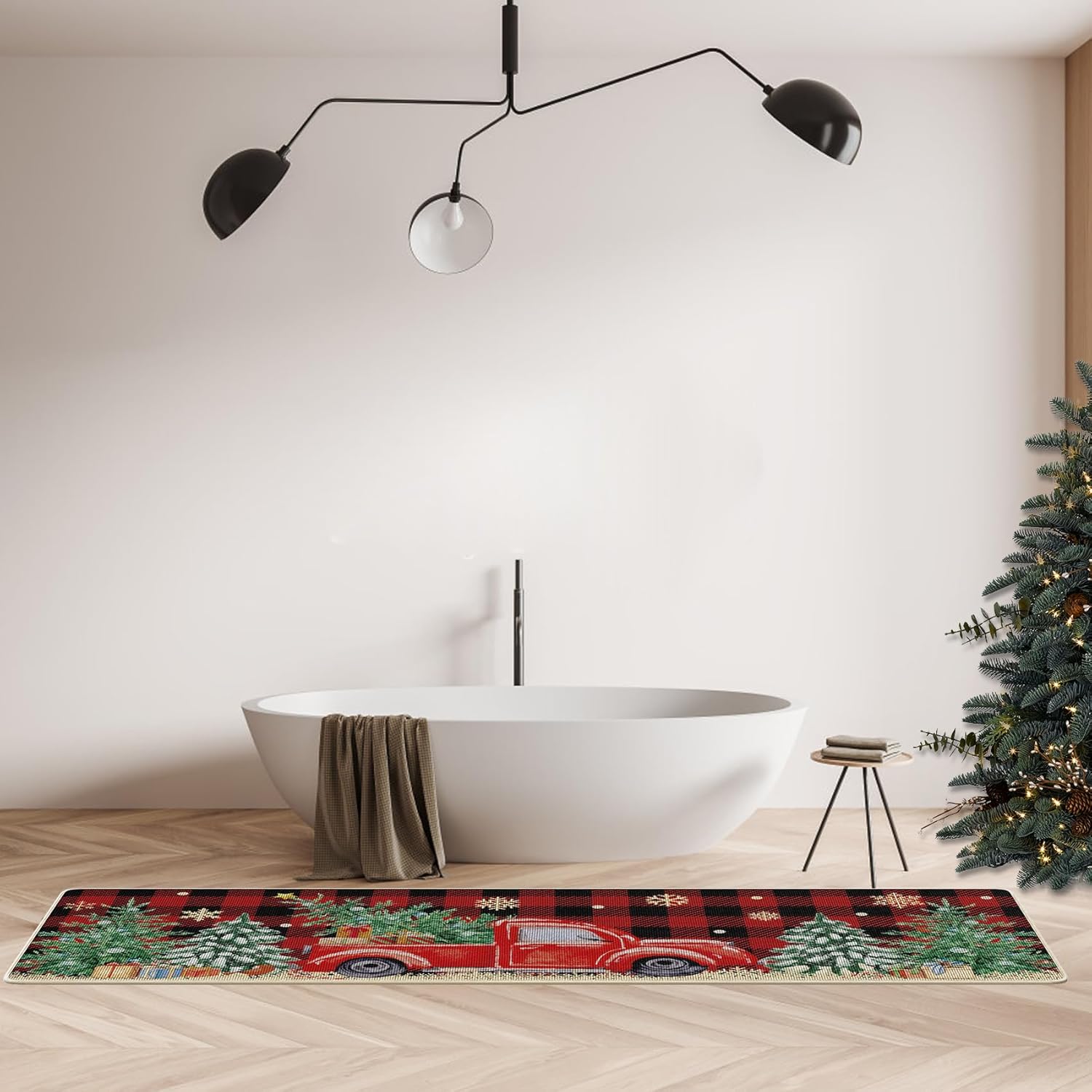 Unves Juego de 2 alfombras de cocina de Navidad, tapete de cocina de búfalo a cuadros, tapete de baño, alfombra de baño de camión rojo de granja, alfombra de feliz Navidad, decoración para suelo