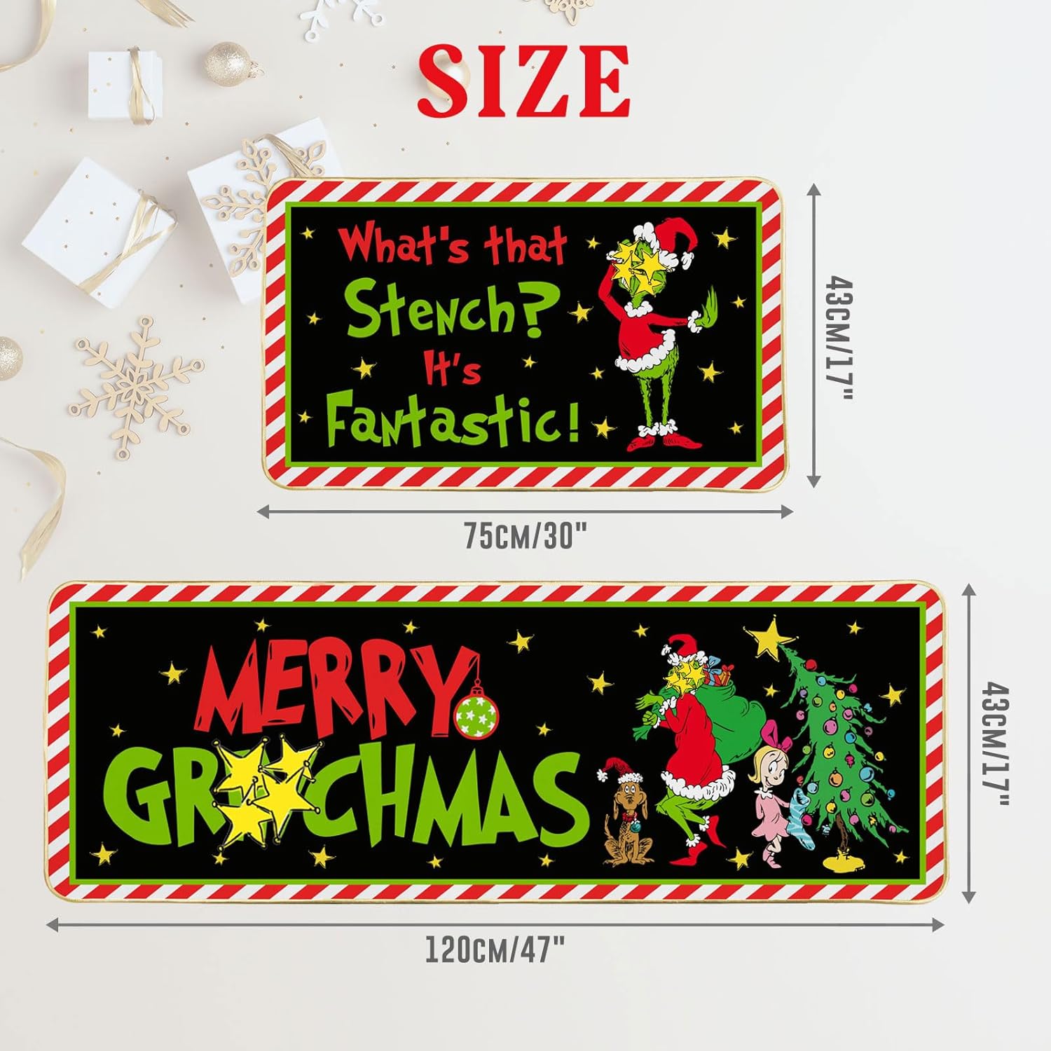 Decoraciones de cocina navideñas, divertidas alfombrillas de cocina navideñas, juego de 2 alfombras de cocina navideñas para piso, alfombras de área apestosas y apestosas, novedosos tapetes de Navidad