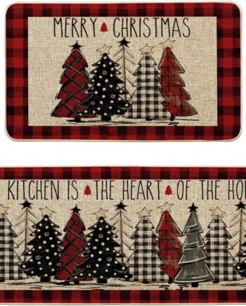Artoid Mode Red Buffalo - Juego de 2 tapetes de cocina con diseño de árboles de Navidad a cuadros, decoración de invierno, alfombras de cocina de bajo perfil para piso, 17 x 29 y 17 x 47 pulgadas